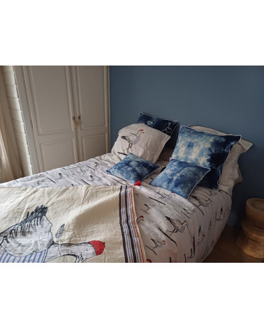 Oreiller, housse de coussin lin recyclé 60x60 motif tie and dye bleu marine