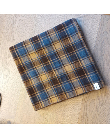 Plaid Laine 100% motif carreaux beige bleu  150x150