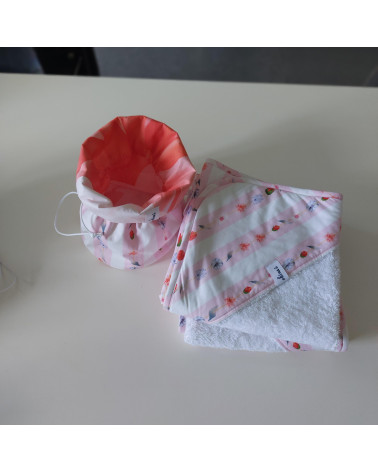 Ensemble sortie de bain bébé au motif fils de fleurs avec pochon de rangement